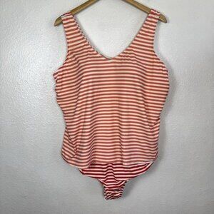 Lands End V-neck One Piece Swimsuit Women's 2X 20-22W Pink Red Striped Fauxkini